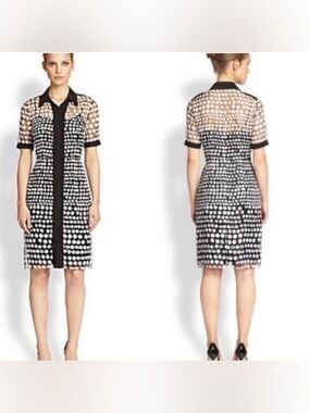 Kay Unger Polka Dot Collared Shirt Dress Black White Layered Slip Dress Sheer 10